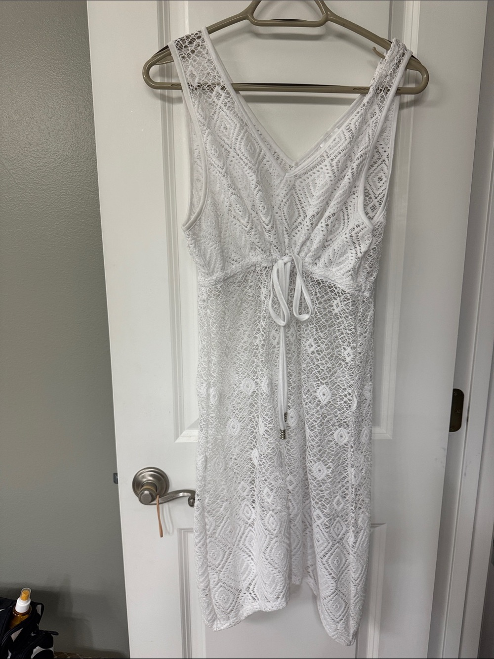 White Crochet V-Neck Tie-Waist Maxi Dress